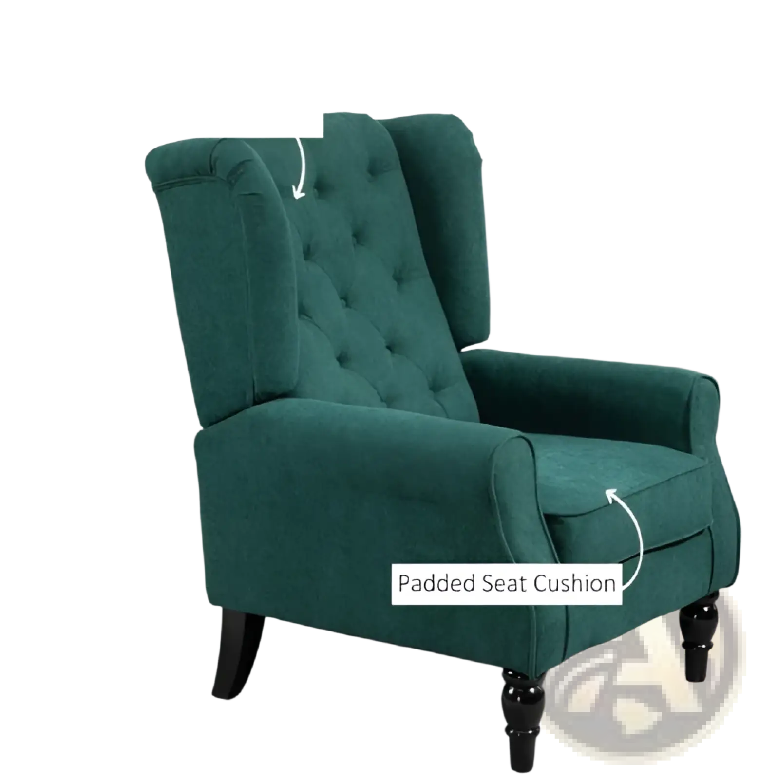 Emerald green velvet wingback recliner with tufted backrest padded seat cushion and wood legs accent chair