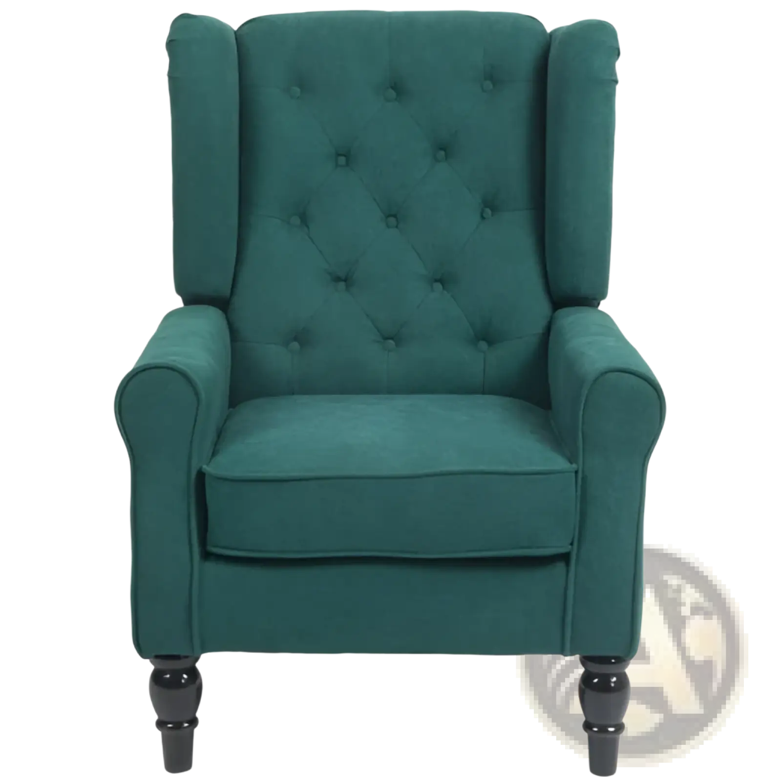 Emerald green tufted velvet wingback accent chair with plush upholstery and dark wooden legs for living room use