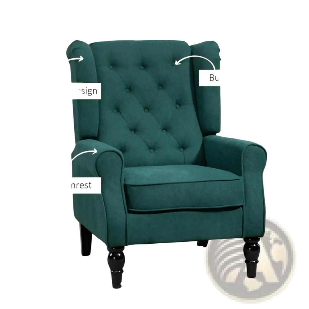 Deep emerald green velvet tufted accent chair with wingback design and wood legs for stylish seating