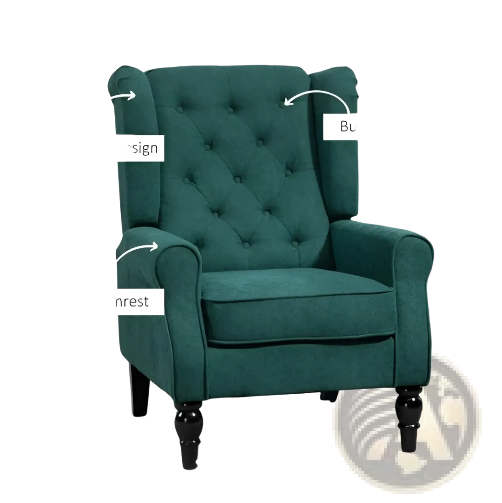 Deep emerald green velvet tufted accent chair with wingback design and wood legs for stylish seating
