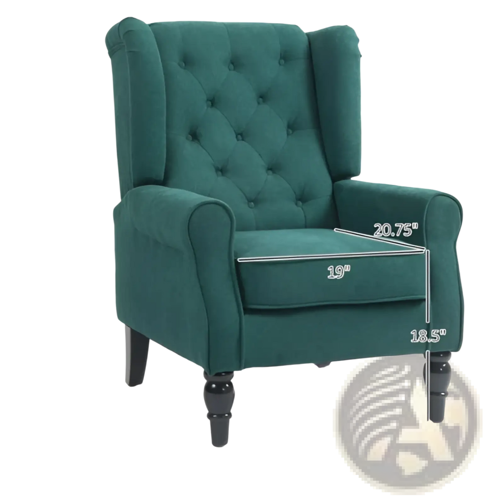 Teal velvet wingback tufted accent chair with rolled arms and wood legs ideal for living room seating