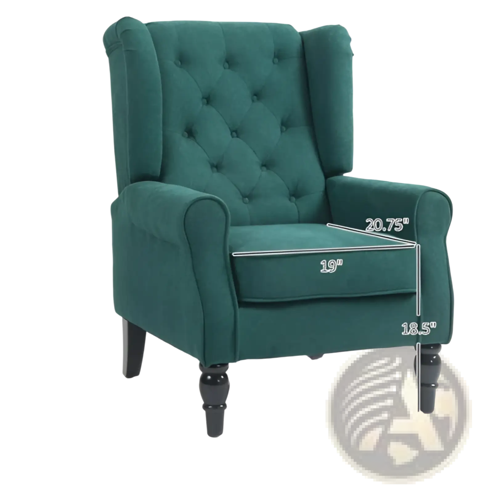 Teal velvet wingback tufted accent chair with rolled arms and wood legs ideal for living room seating