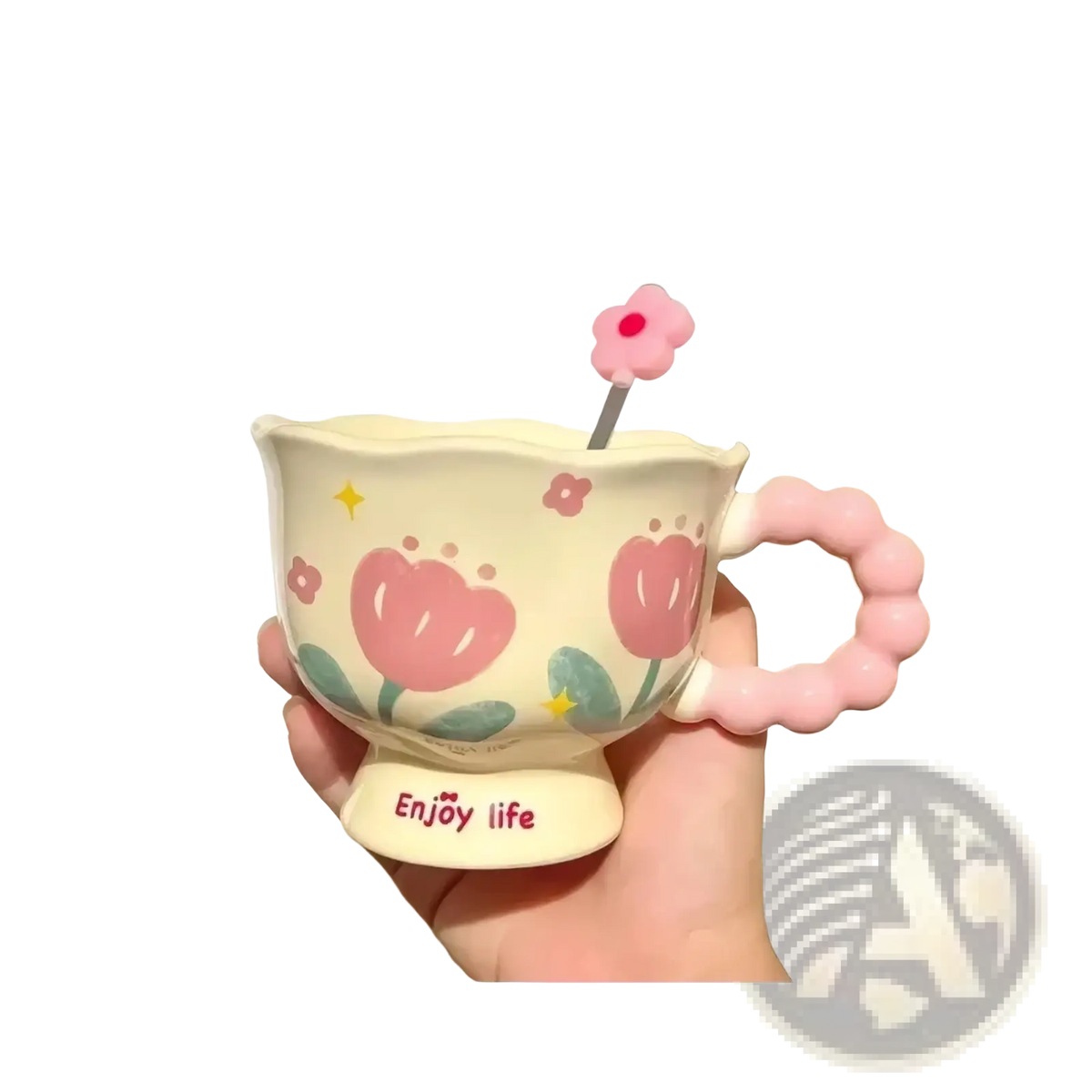 Pastel cream ceramic tulip mug with pink floral decals beaded pink handle and enjoy life phrase on base in gift box