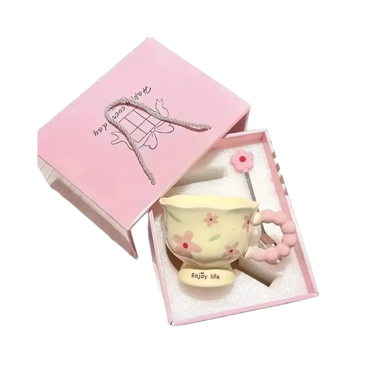 Pastel yellow ceramic tulip mug with pink floral decals and beaded handle in a soft foam floral gift box