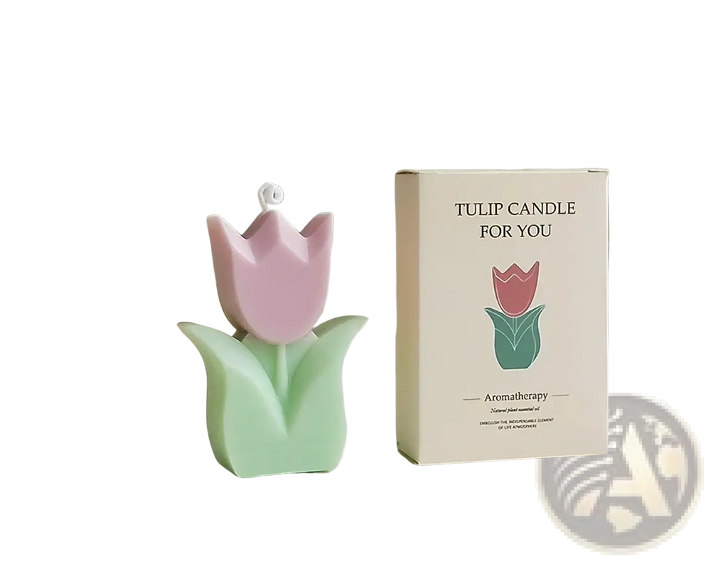 Tulip flower scented candle shaped like a pastel pink and mint green tulip with a white wick for room decor
