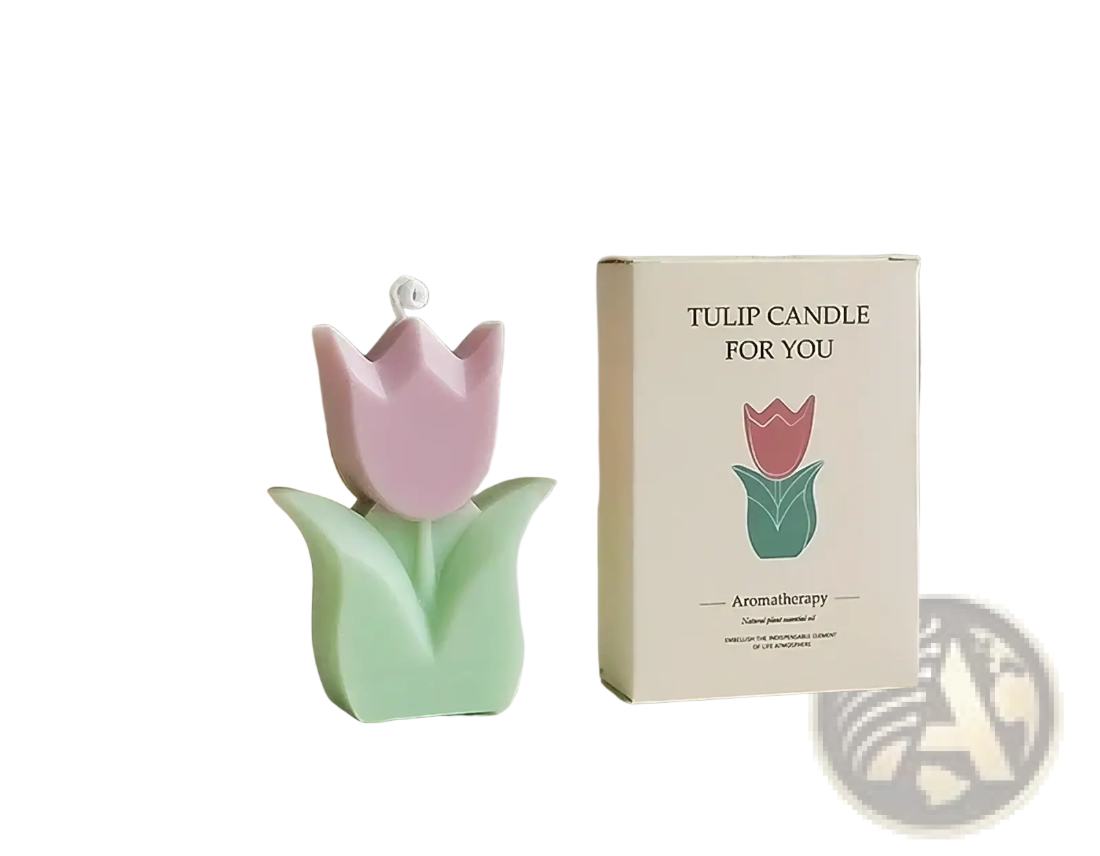 Tulip flower scented candle shaped like a pastel pink and mint green tulip with a white wick for room decor