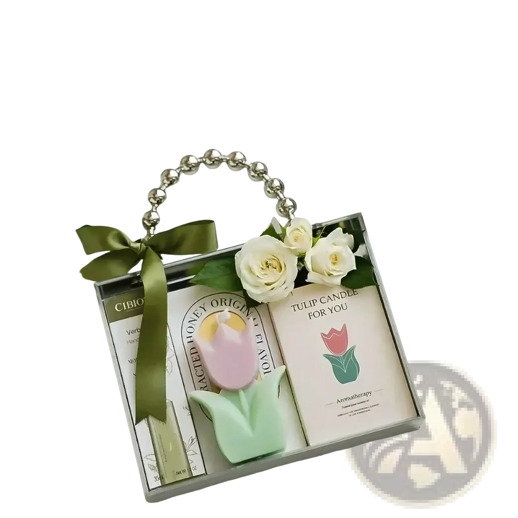 Tulip flower scented candle aesthetic room decor with pastel pink and mint green tulip soap bars in gift box