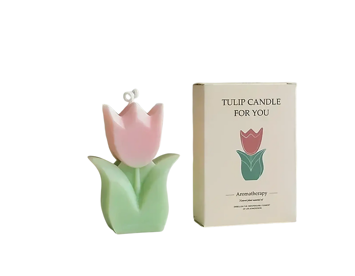 Pastel pink and mint green tulip flower scented candle shaped like a delicate tulip for aesthetic room decor