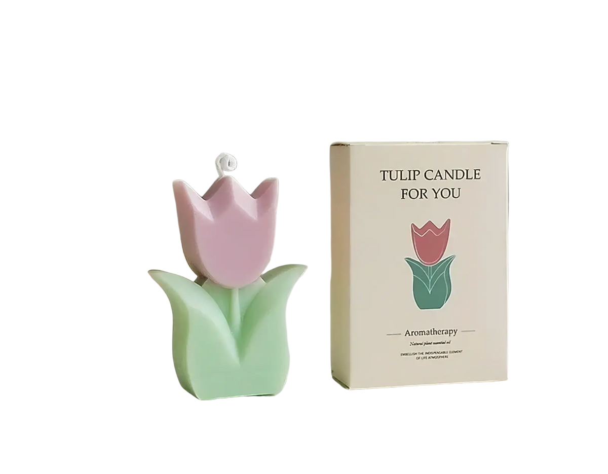 Tulip flower scented candle shaped like a pastel pink and mint green tulip with a white wick for room decor