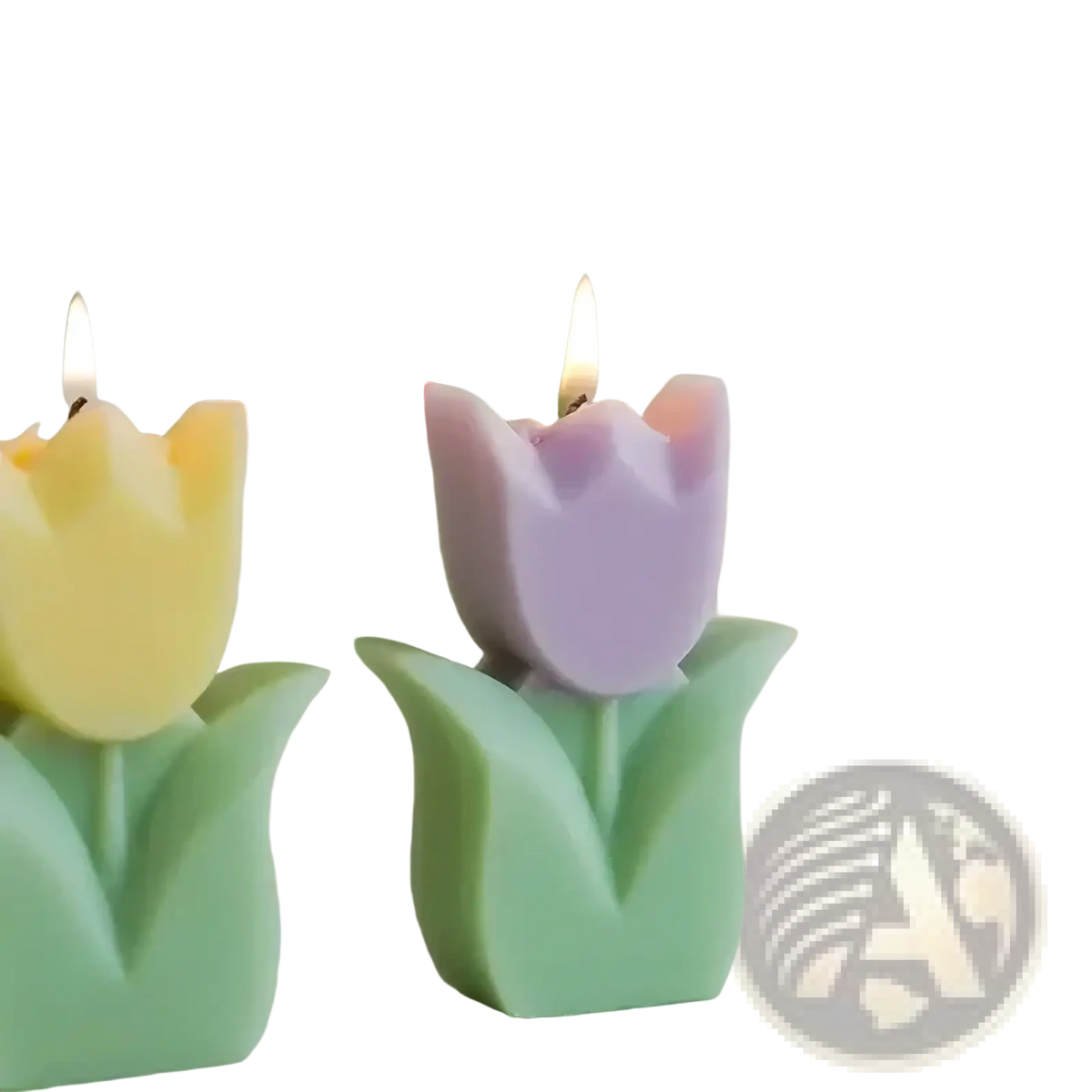 Pastel purple tulip flower scented candle with green base and lit wick for aesthetic room decor
