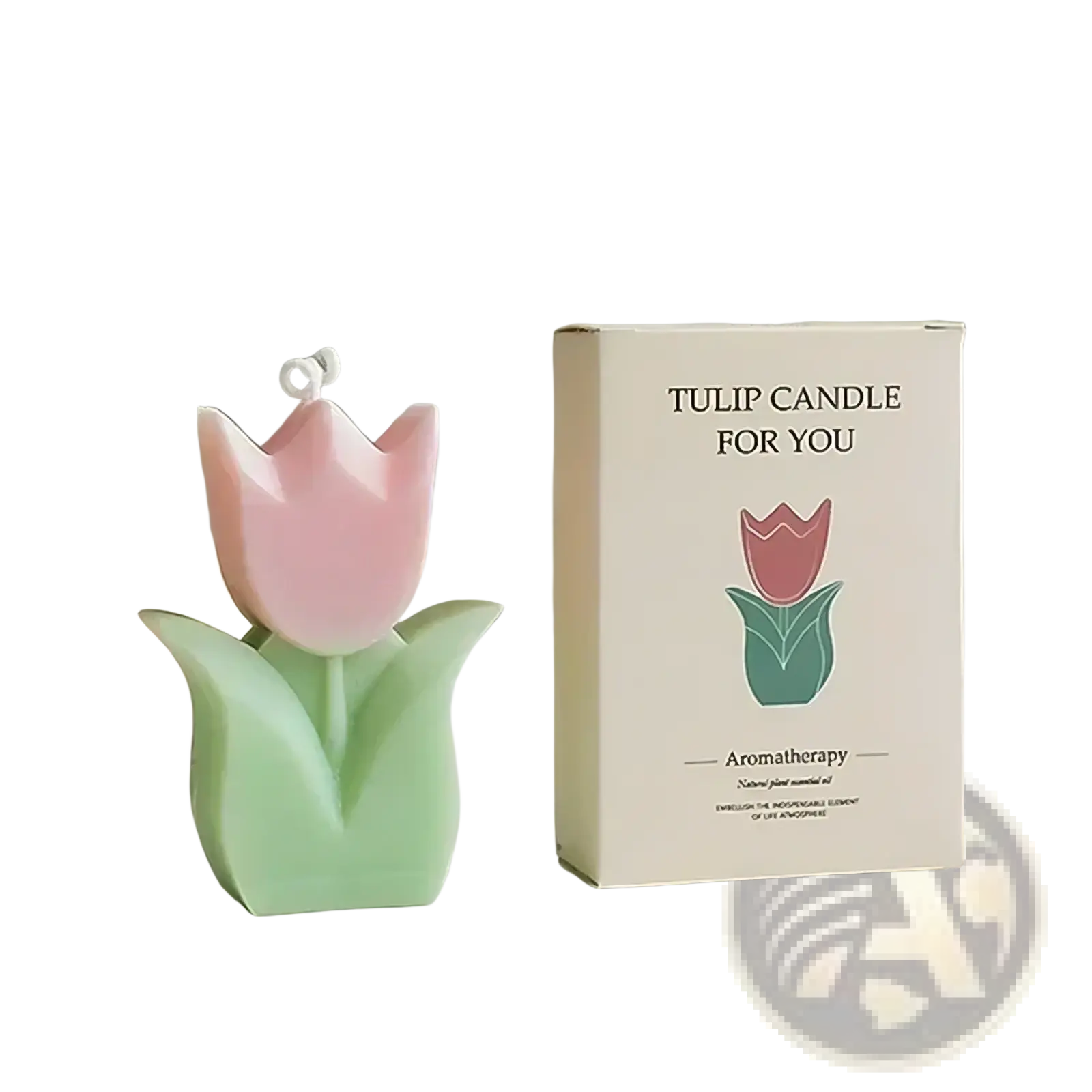 A pink and mint green tulip flower scented candle shaped like a blooming tulip for aesthetic room decor