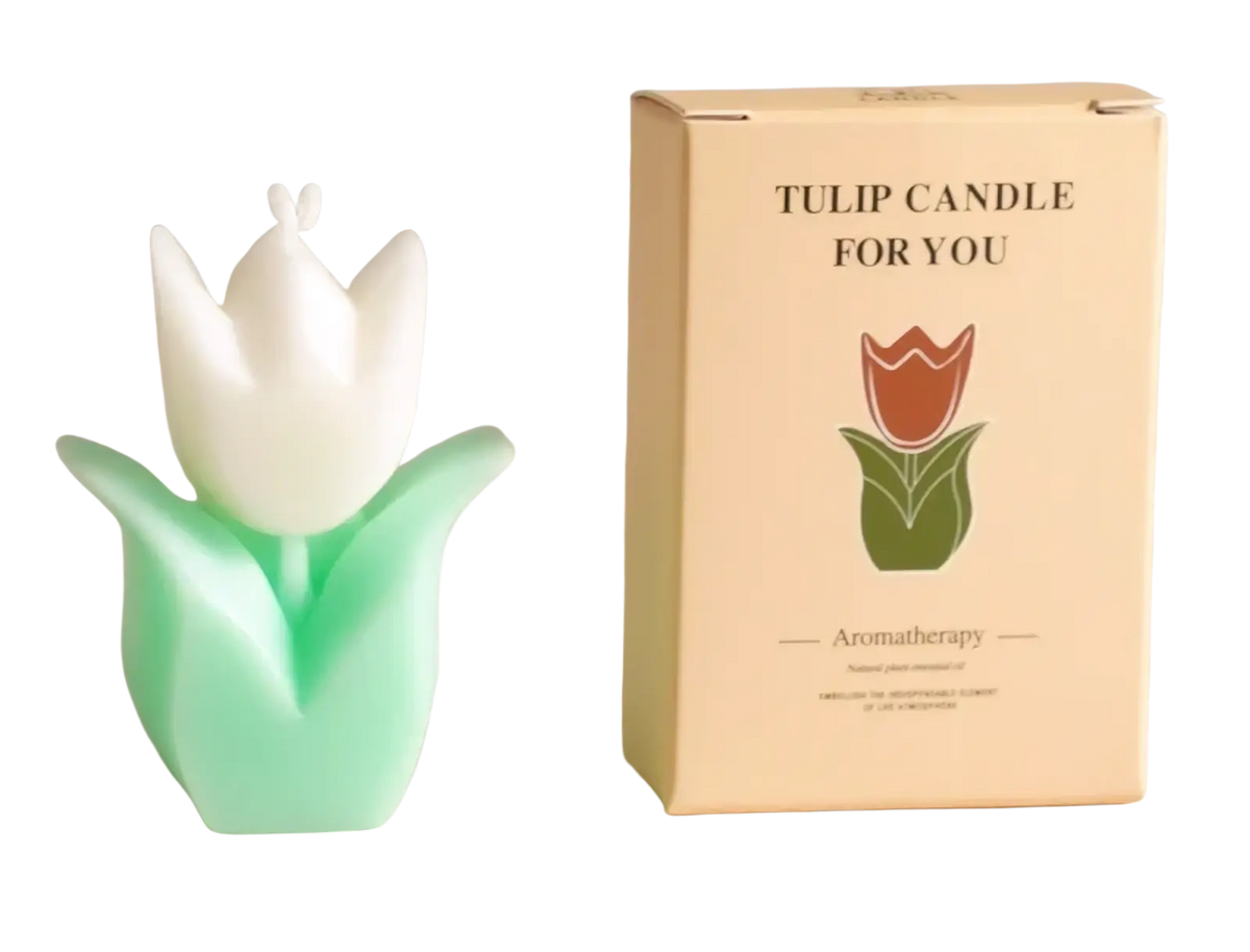 A white and mint green tulip flower scented candle with a smooth glossy finish for aesthetic room decor