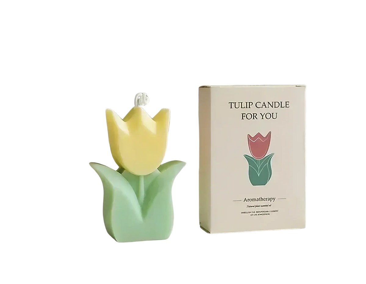 A yellow and mint green tulip flower scented candle with a white wick designed as aesthetic room decor