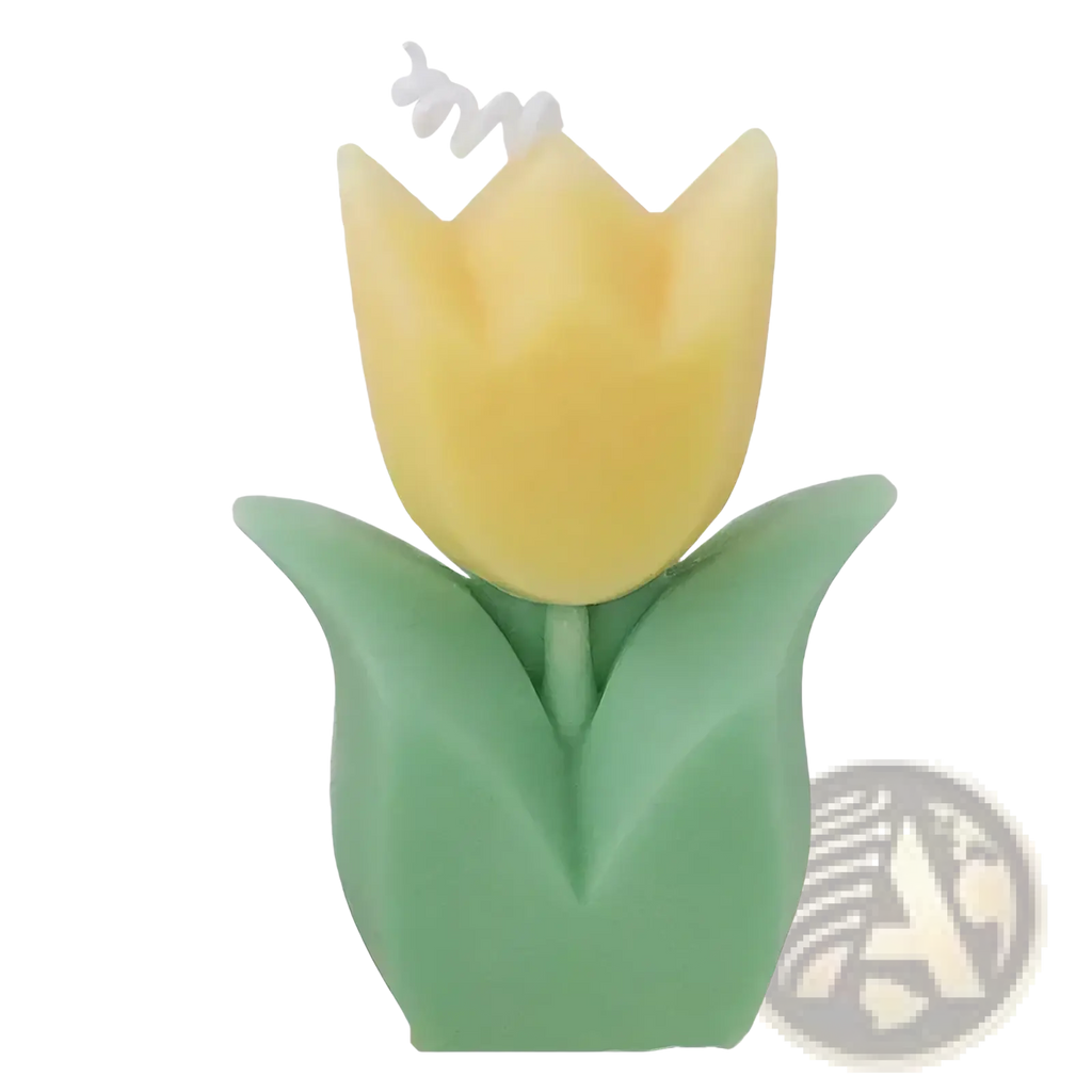 Yellow tulip-shaped scented candle with green leaves and white spiral wick for aesthetic room decor