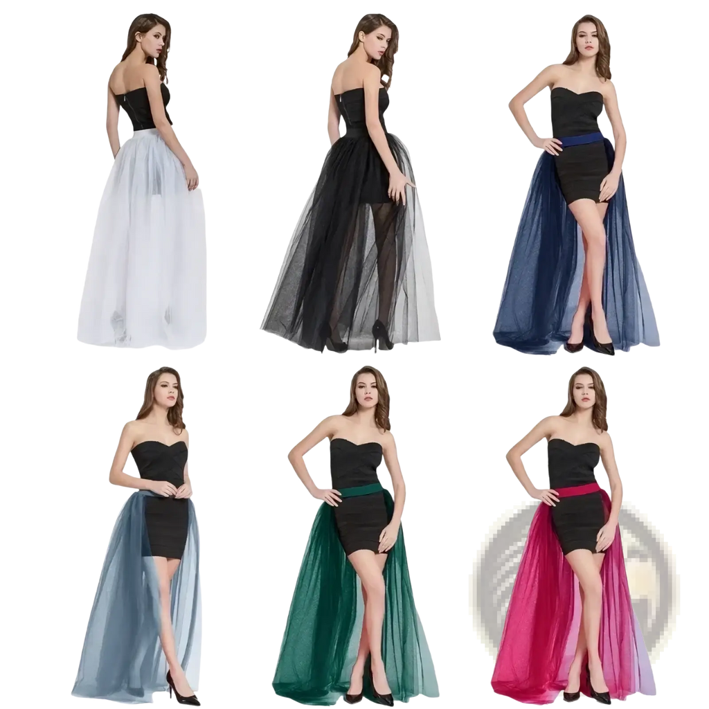 Black strapless bodice dresses with detachable tulle maxi skirt overskirts in white gray navy blue light blue green and pink