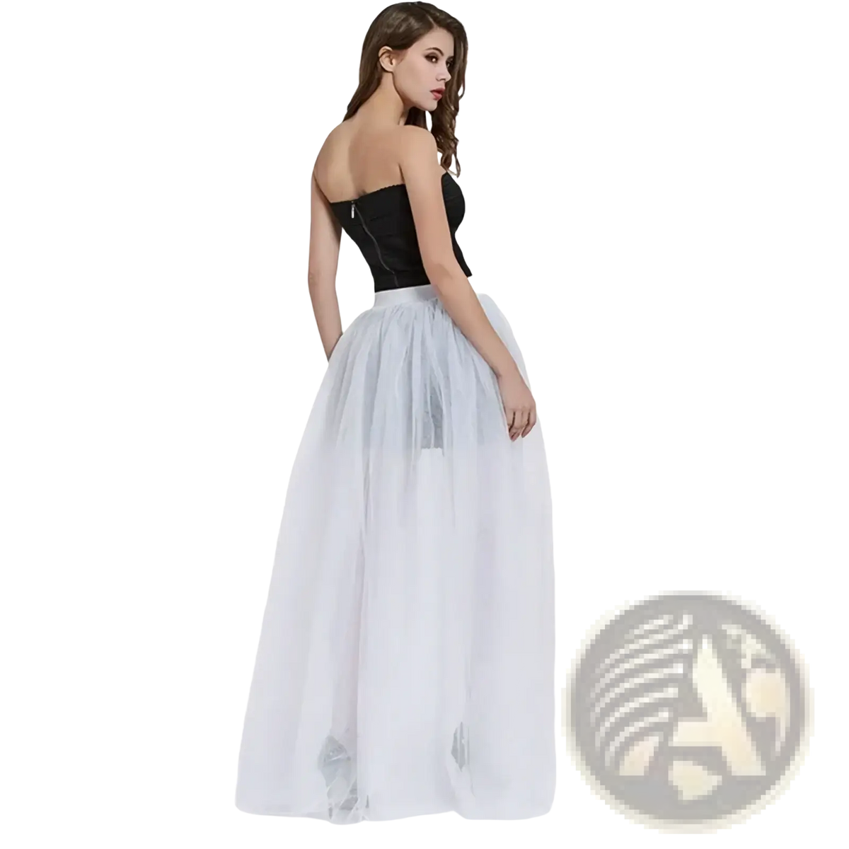 A flowing white tulle maxi skirt with a sheer layered design and a fitted black bodice detachable wedding overskirt