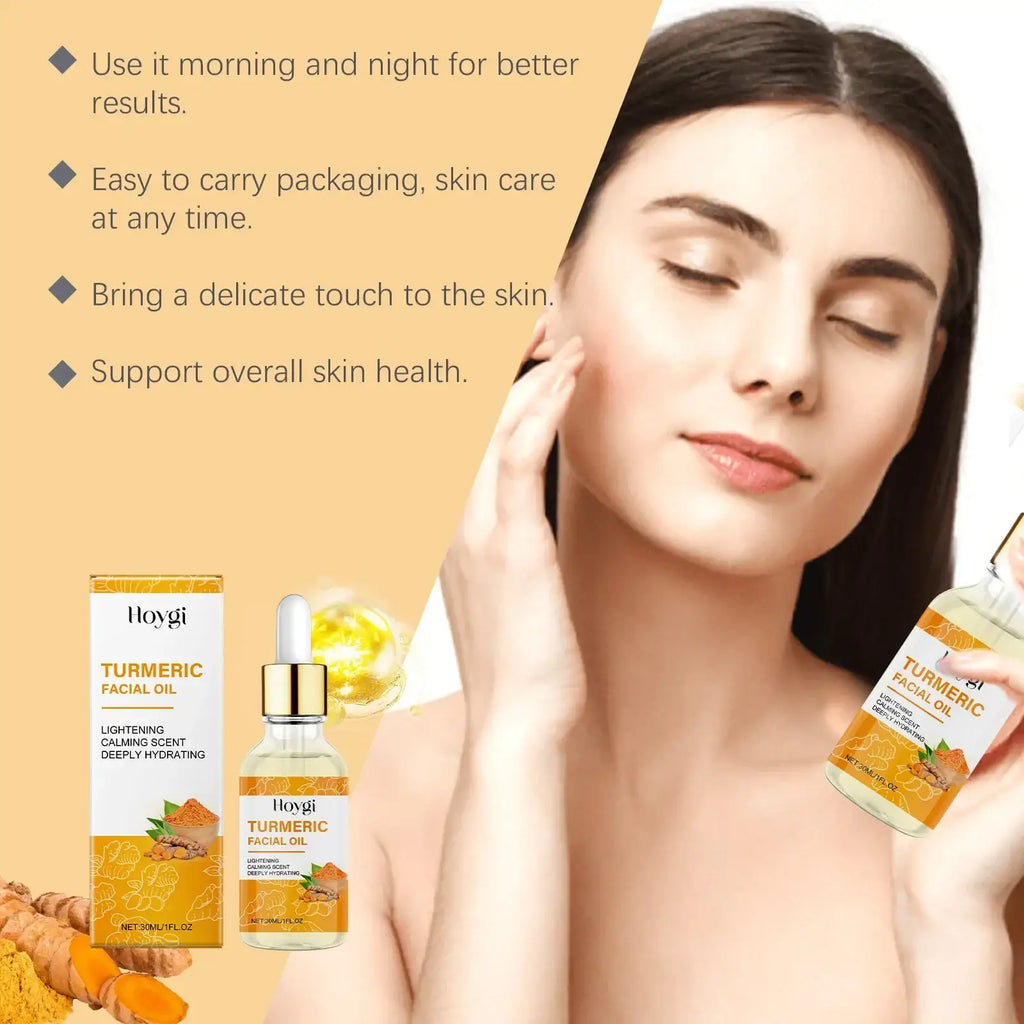 A clear glass bottle of hloygi turmeric essential oil with gold dropper cap and orange label for dark spots cleansing soap