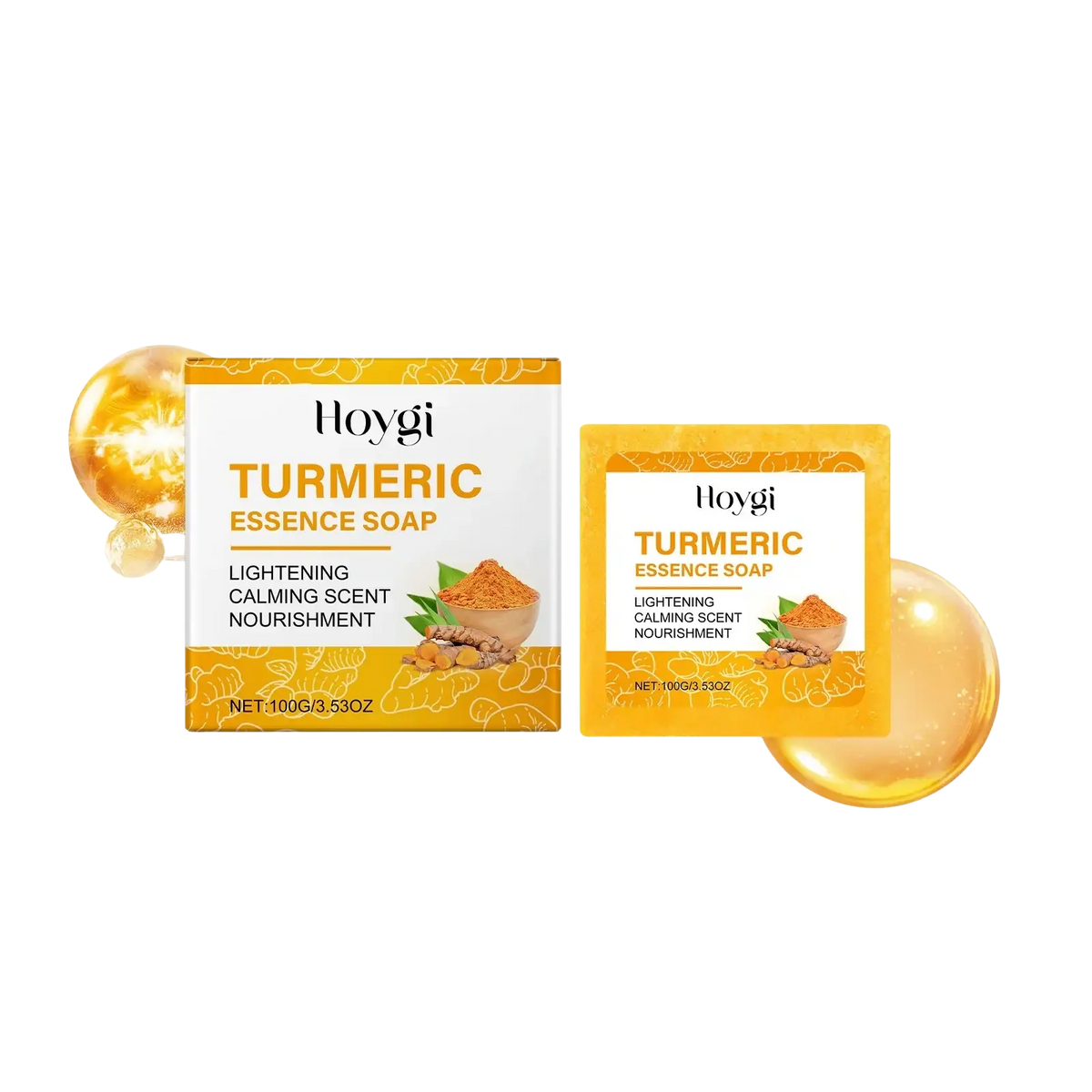 Hoygi turmeric essence cleansing soap in orange white packaging with turmeric root image for dark spots correction