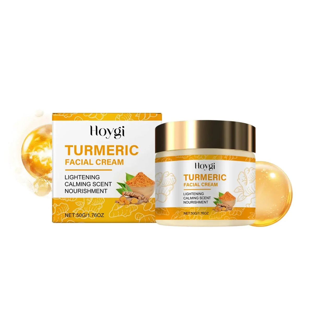 Hoygi turmeric essential oil dark spot corrector cleansing soap in orange packaging with turmeric root illustrations
