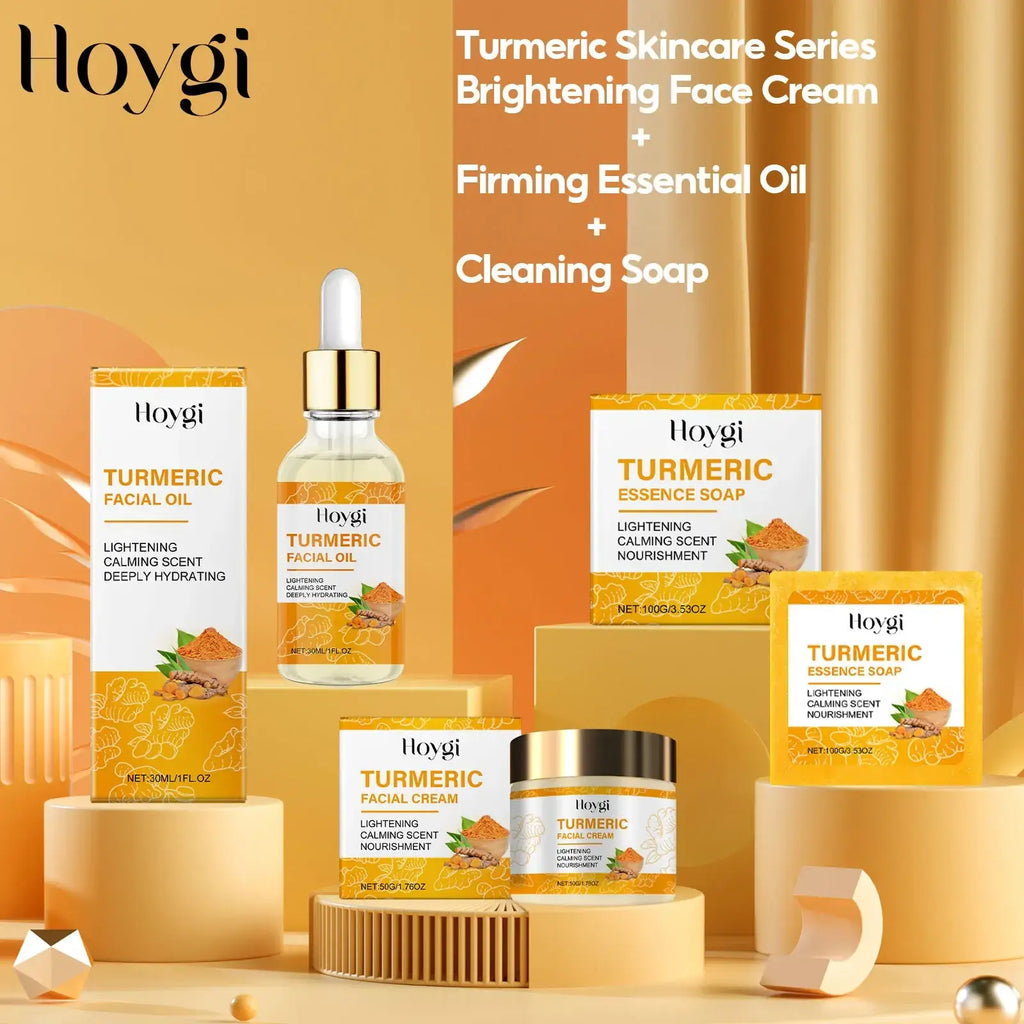 Hoygi turmeric essential oil in a clear glass bottle with gold dropper for cleansing soap and dark spots correction