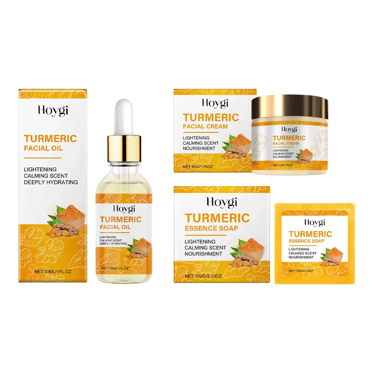 Hoygi turmeric facial oil in clear glass bottle with gold dropper and orange packaging for dark spots essential oil use