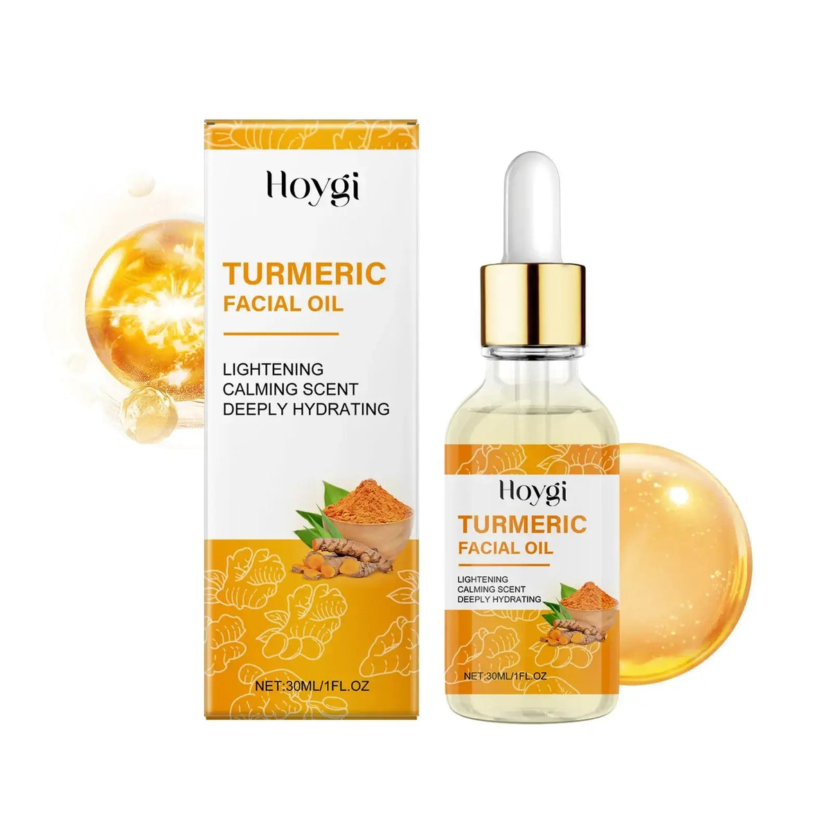 Hoygi turmeric essential oil facial oil in clear glass bottle with gold dropper for calming scent and dark spots cleansing soap