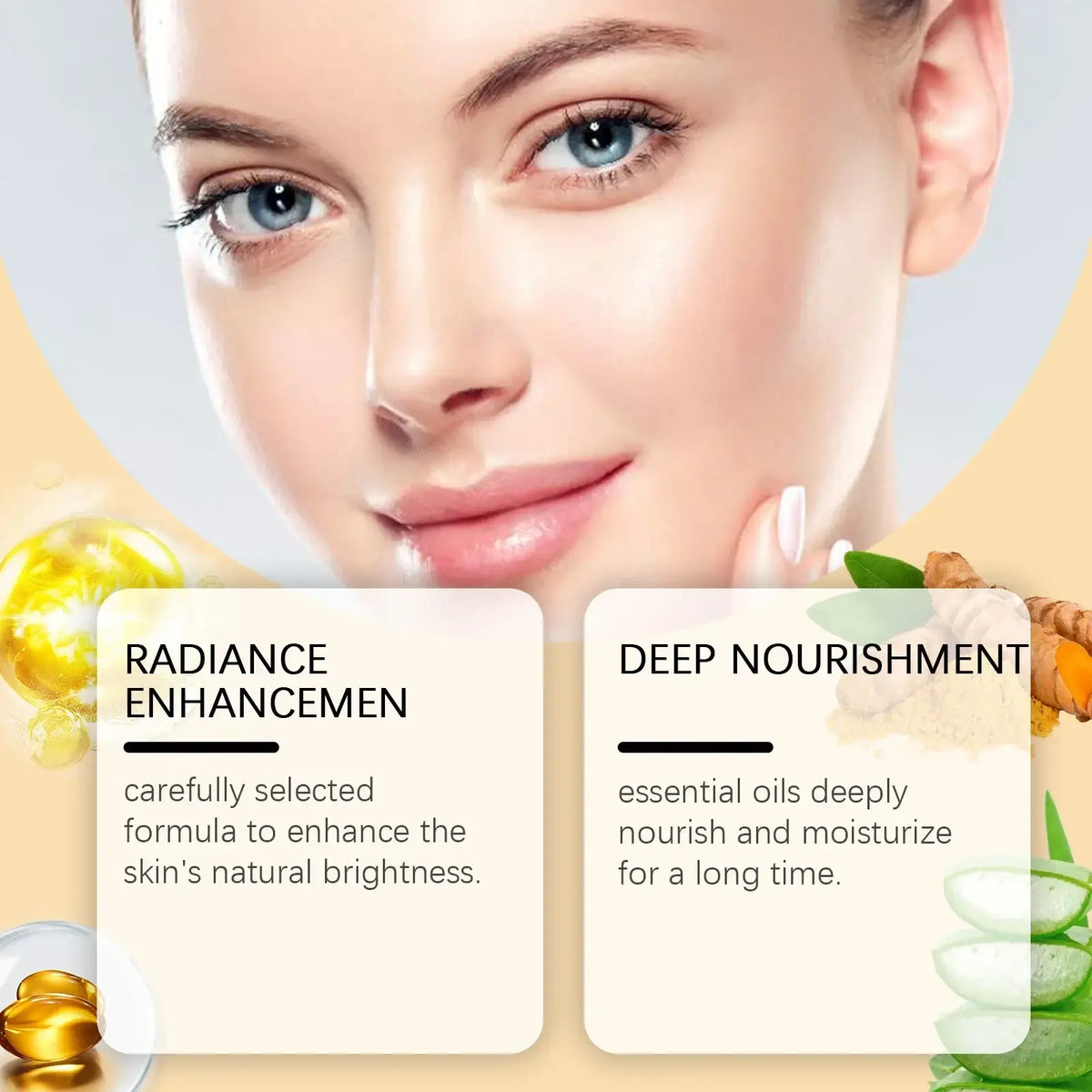 A woman with blue eyes and fair skin gently touches her cheek showing radiant skin after using turmeric essential oil dark spot cleansing soap