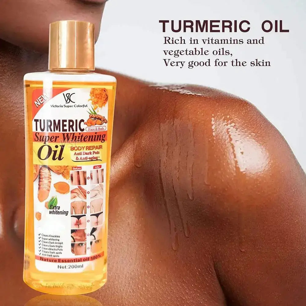 A clear bottle of victoria super colorful turmeric essential oil with gold cap and orange label for moisturizing care