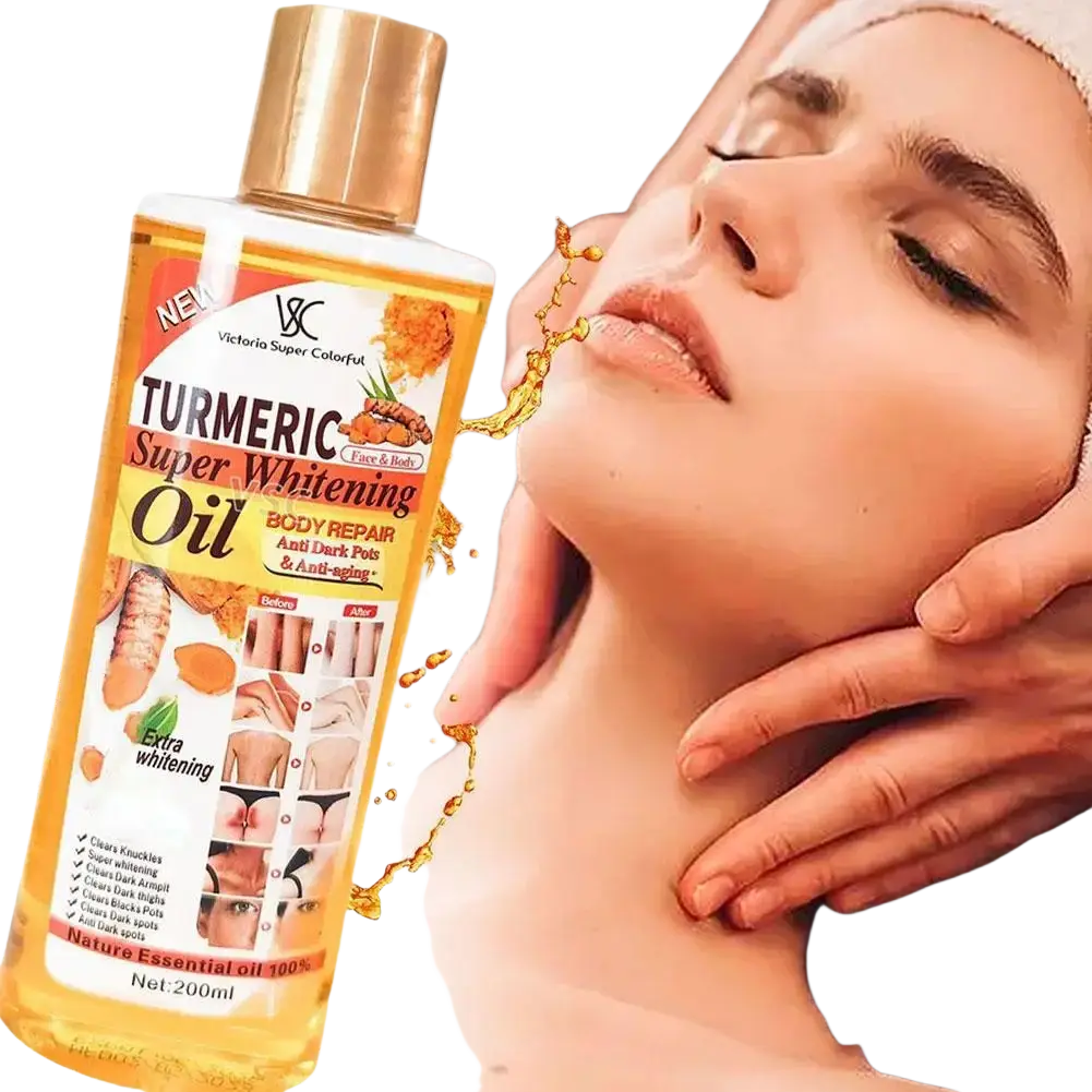 A golden turmeric essential oil in a clear bottle with gold cap for moisturizing body and face care 200ml by victoria super colorful