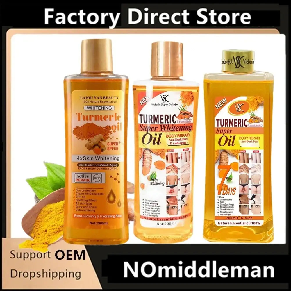 Three transparent bottles of victoria super colorful turmeric essential oil with golden caps for moisturizing body and face care