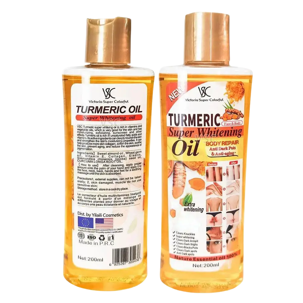 Two transparent bottles of victoria super colorful turmeric essential oil with gold caps containing amber liquid for moisturizing body and face care 200ml