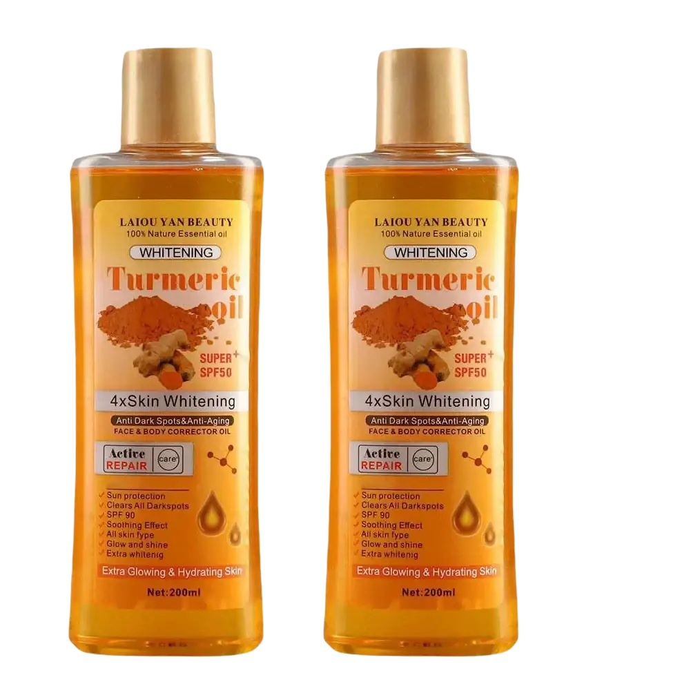 Two laiou yan beauty turmeric essential oil bottles with gold caps and amber glass for moisturizing body and face care 200ml