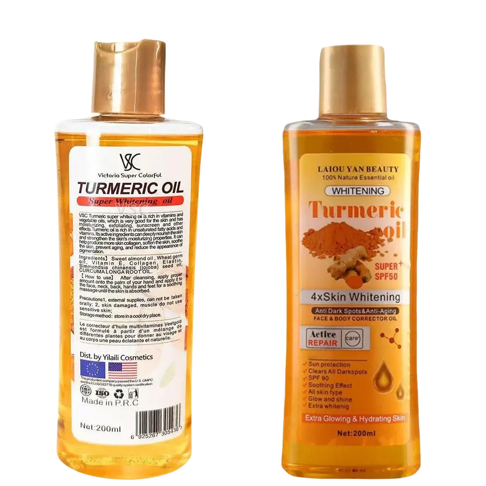 Two 200ml bottles of turmeric essential oil with gold caps labeled victoria super colorful and laiqi yan beauty for body care
