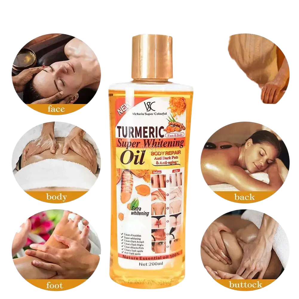 Victoria turmeric essential oil moisturizing body and face care in a clear bottle with gold cap and orange label