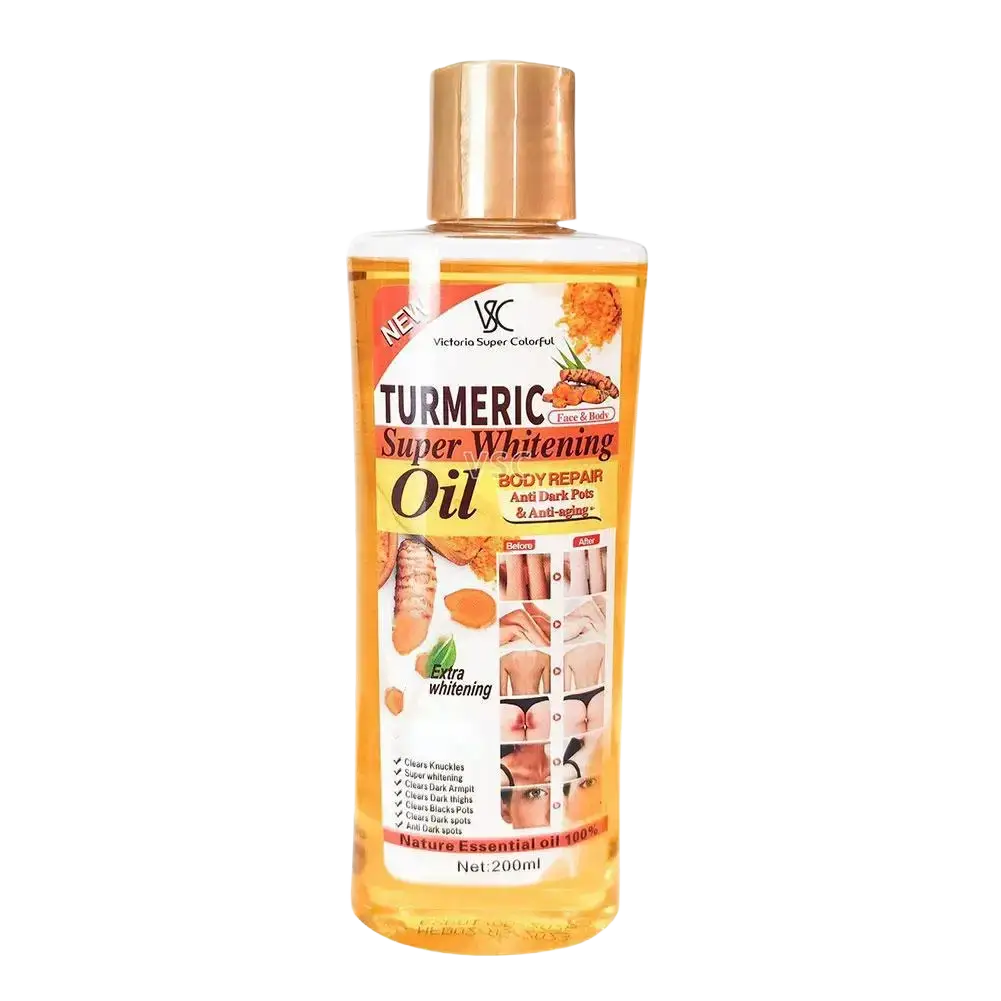 Victoria super colorful turmeric essential oil moisturizing body and face care in a clear 200ml bottle with gold cap