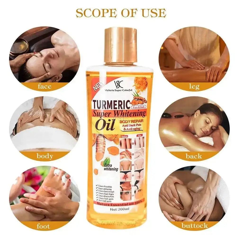 A clear bottle with gold cap of victoria super colorful turmeric essential oil for moisturizing face and body care 200ml
