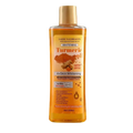 A transparent amber bottle of laiou yan beauty turmeric essential oil with gold cap and spf50 moisturizing body and face care