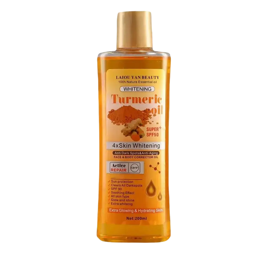 A transparent amber bottle of laiou yan beauty turmeric essential oil with gold cap and spf50 moisturizing body and face care
