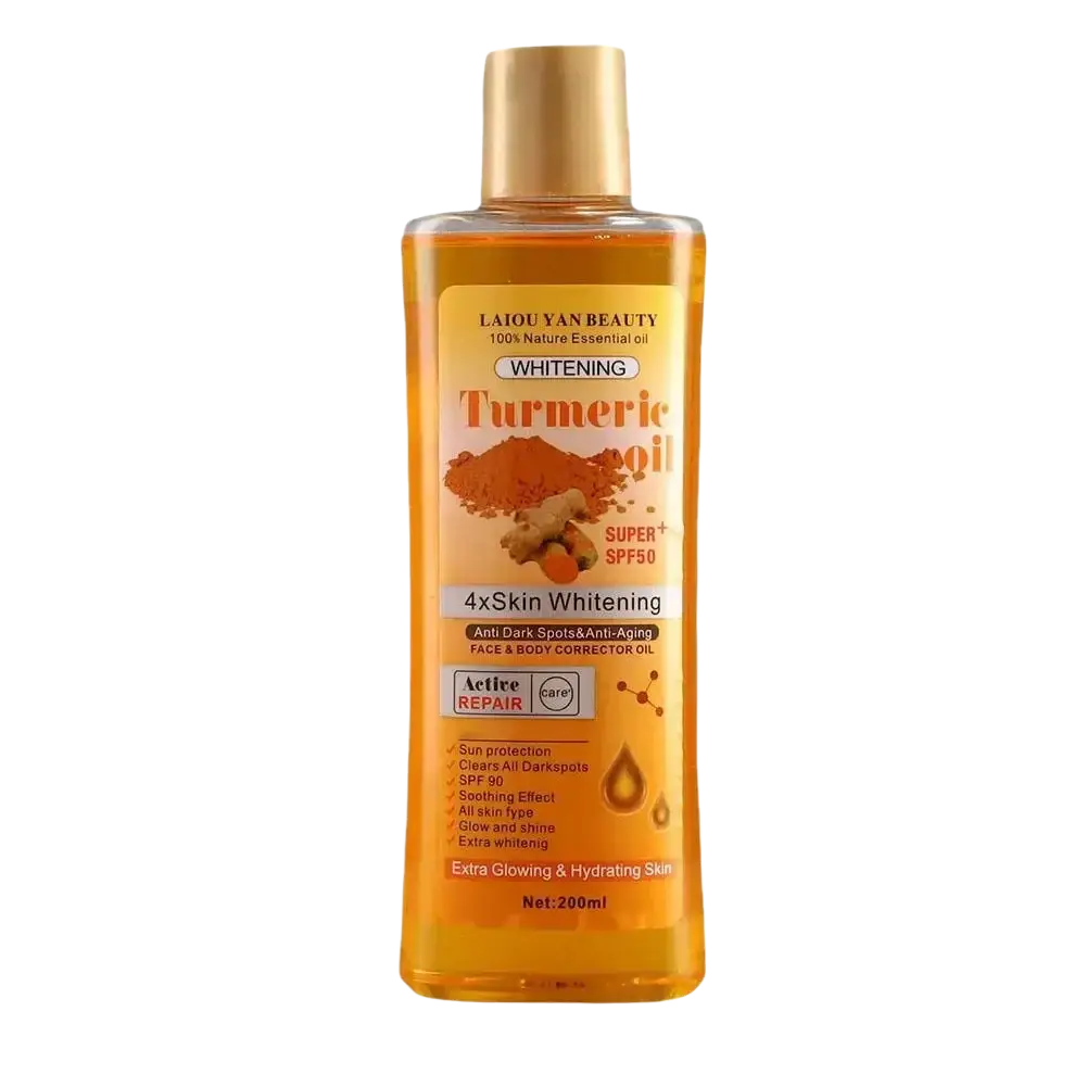 A transparent amber bottle of laiou yan beauty turmeric essential oil with gold cap for whitening and anti-dark spot care