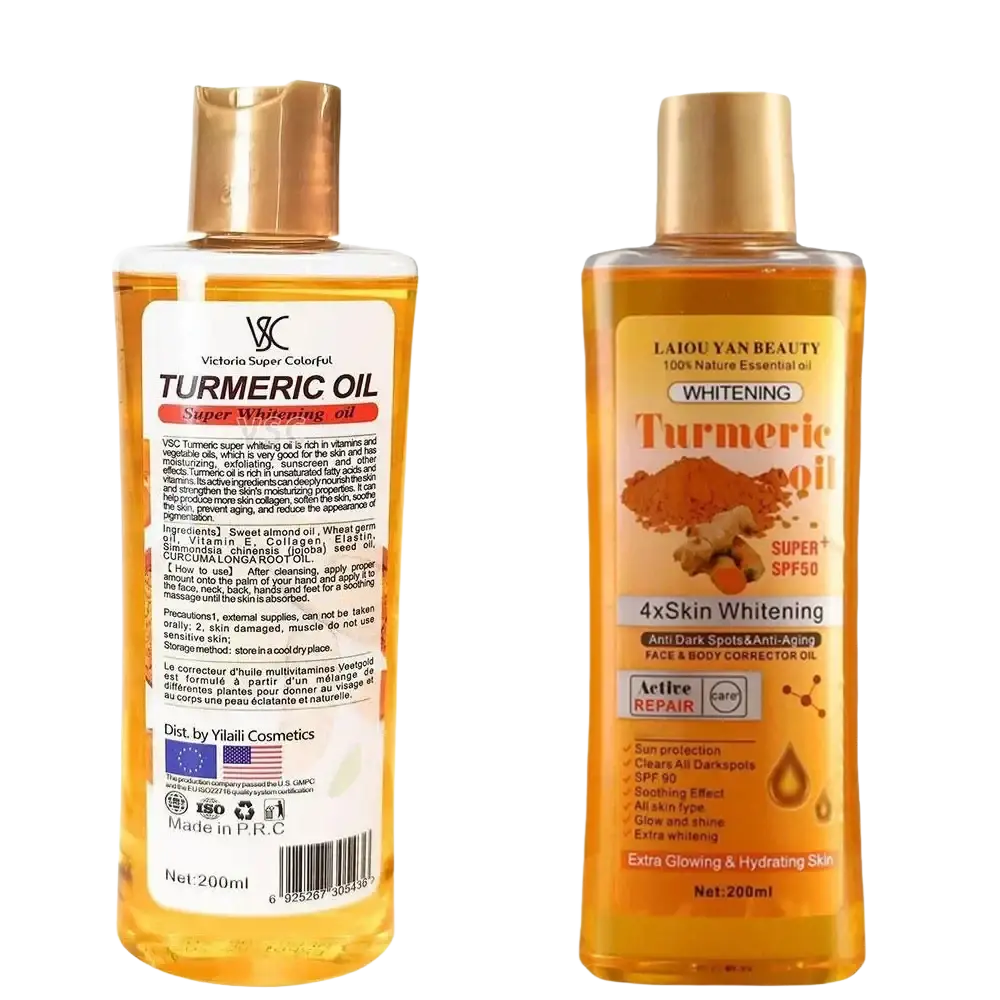 Two transparent 200ml bottles of turmeric essential oil for moisturizing body and face care with distinctive labels and caps