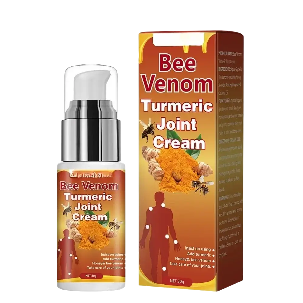 Bee venom turmeric joint cream in a white pump bottle with orange label for all skin types pain relief and care