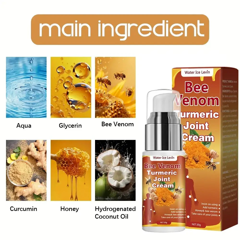 Silver pump bottle of turmeric joint cream with bee venom and orange white labeling for all skin types