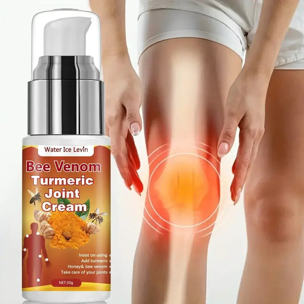Silver pump bottle of bee venom turmeric joint cream with orange and red label for all skin types showing bees turmeric powder and human silhouette