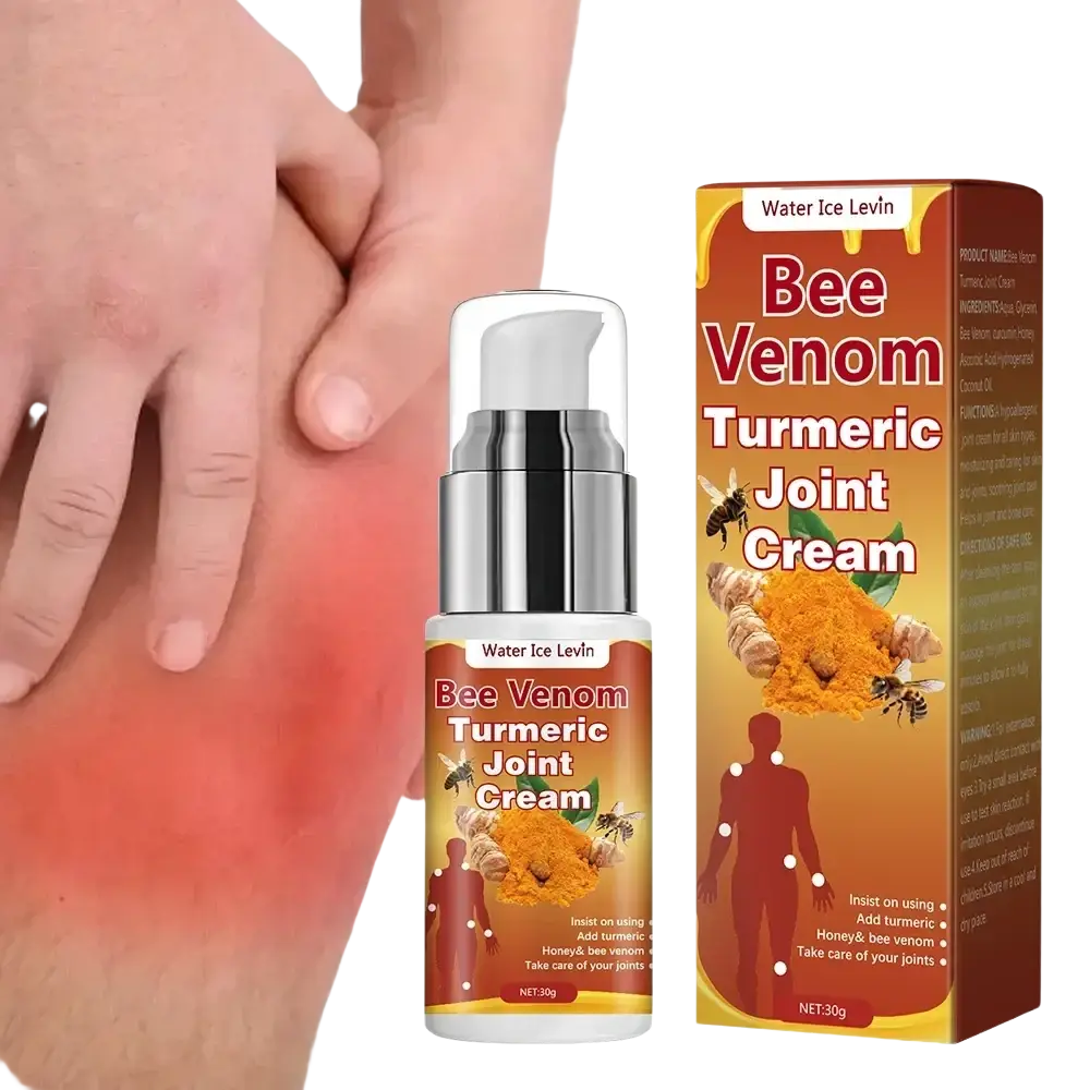 Silver and white pump bottle of bee venom turmeric joint cream next to orange and brown packaging for all skin types