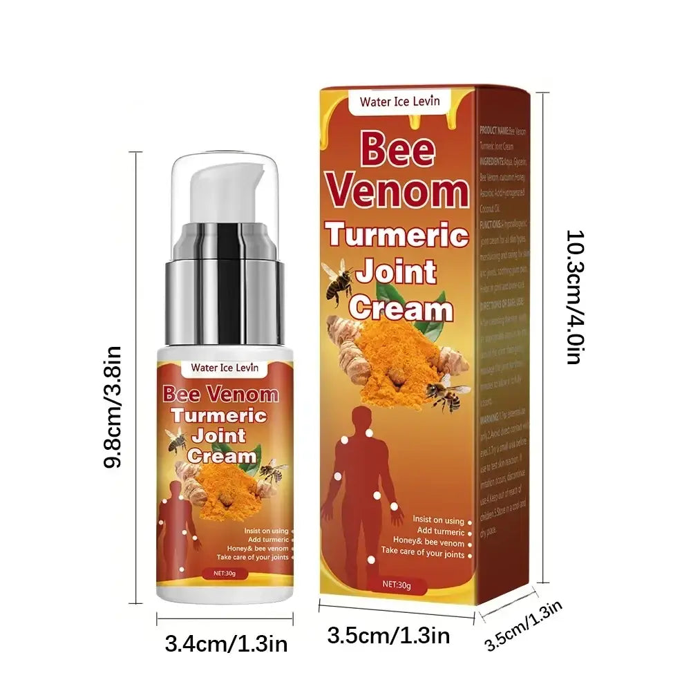 Silver and white pump bottle of bee venom turmeric joint cream with orange and brown box for all skin types