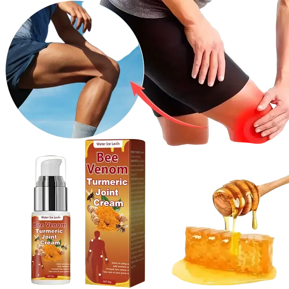 Turmeric joint cream in a sleek silver pump bottle with an amber label featuring bee and turmeric for all skin types