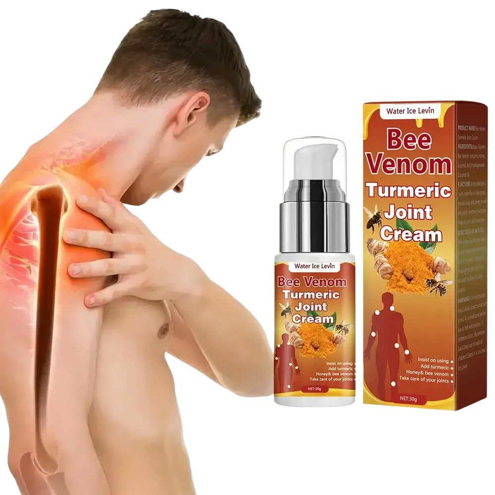 Turmeric joint cream in a silver pump bottle with orange red label and matching box suitable for all skin types