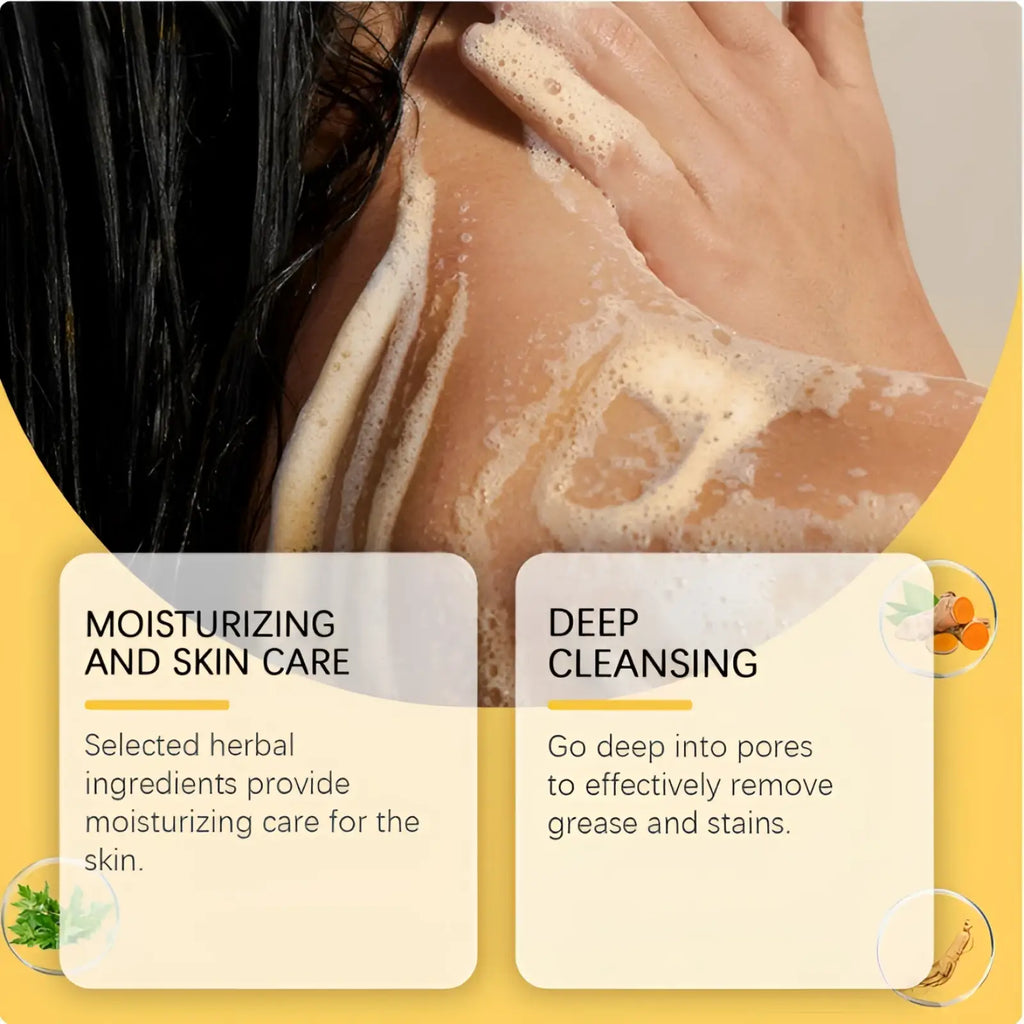 A creamy foamy cleanser from turmeric and mugwort herbal soap bar set applied to the neck and shoulder area