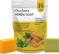 Oceaura turmeric and mugwort herbal soap bar set 2pc with vibrant orange and pale green bars in yellow white pouch