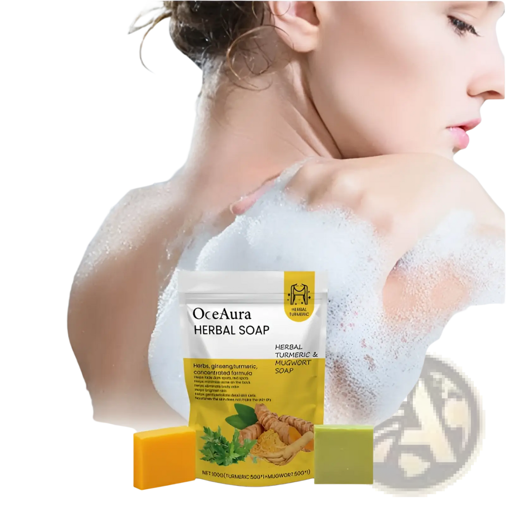 A package of oceaura turmeric and mugwort herbal soap bar set with yellow white packaging and orange green soap bars